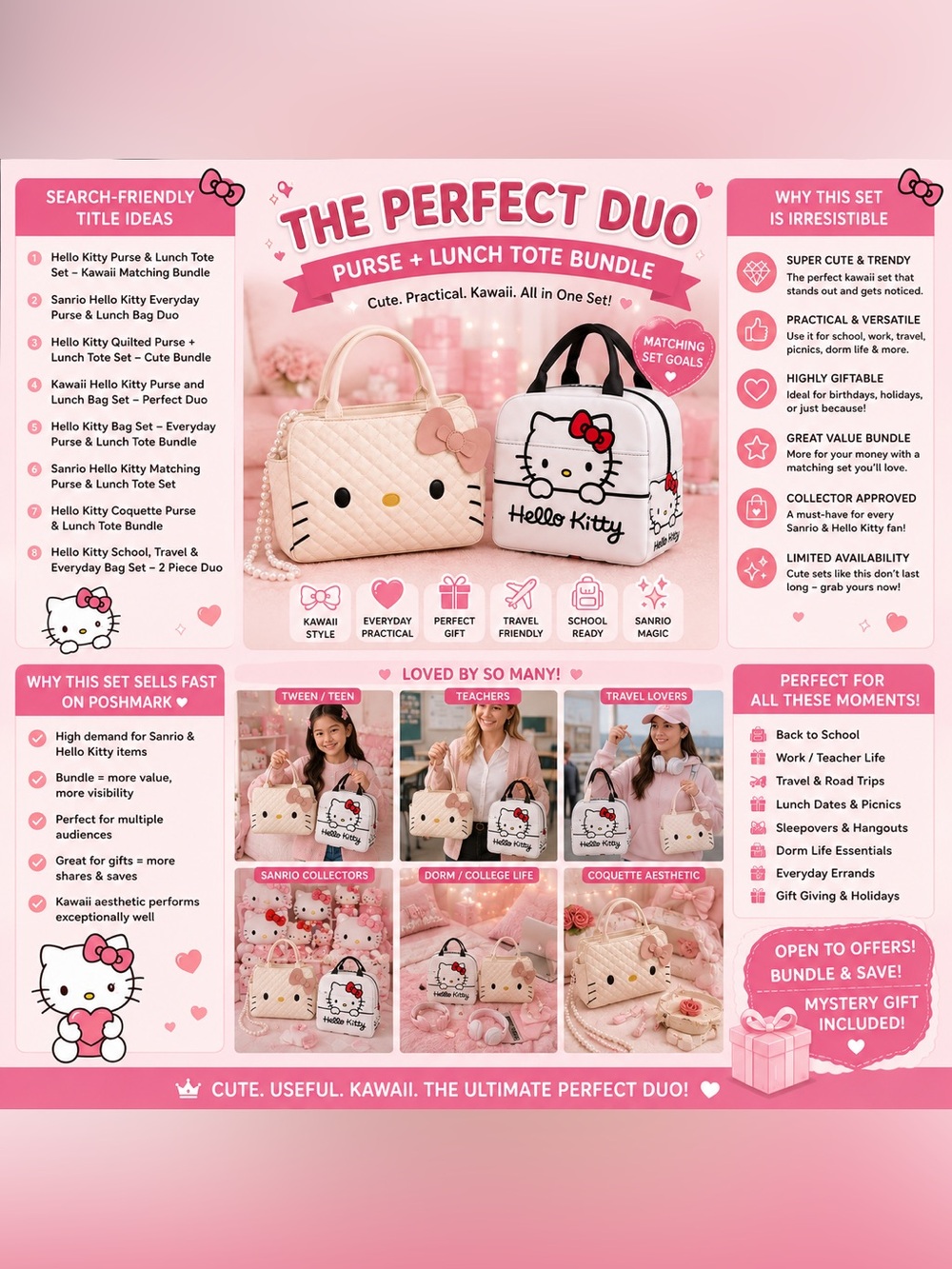 Hello Kitty Cream & Pink Quilted Satchel with Matching White Lunch Tote - Picture 9 of 9